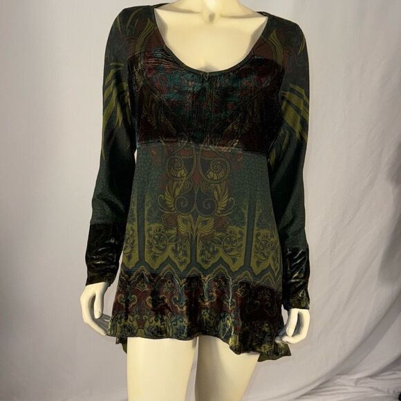 Vintage Y2K Whimsigoth Green Long Sleeve Tunic Top Stretch Burn Out Velvet Size - Picture 2 of 14